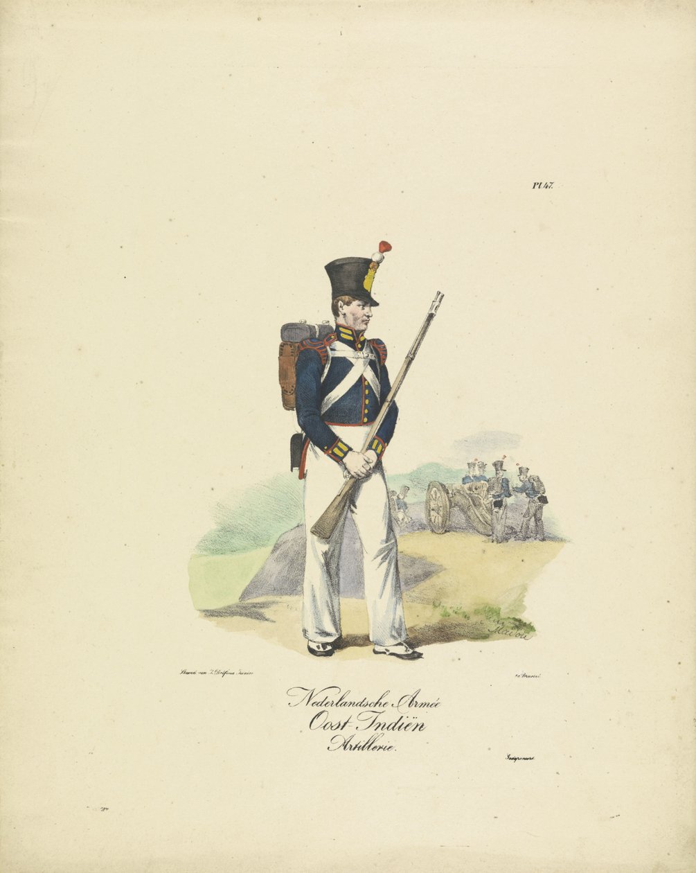 Artillerist der niederländisch-indischen Armee, 1820-1825 Militärische Kostüme des Königreichs der Niederlande. Gewidmet seiner Exzellenz Willem van Bylandt (Serientitel) von Jean Baptiste Madou