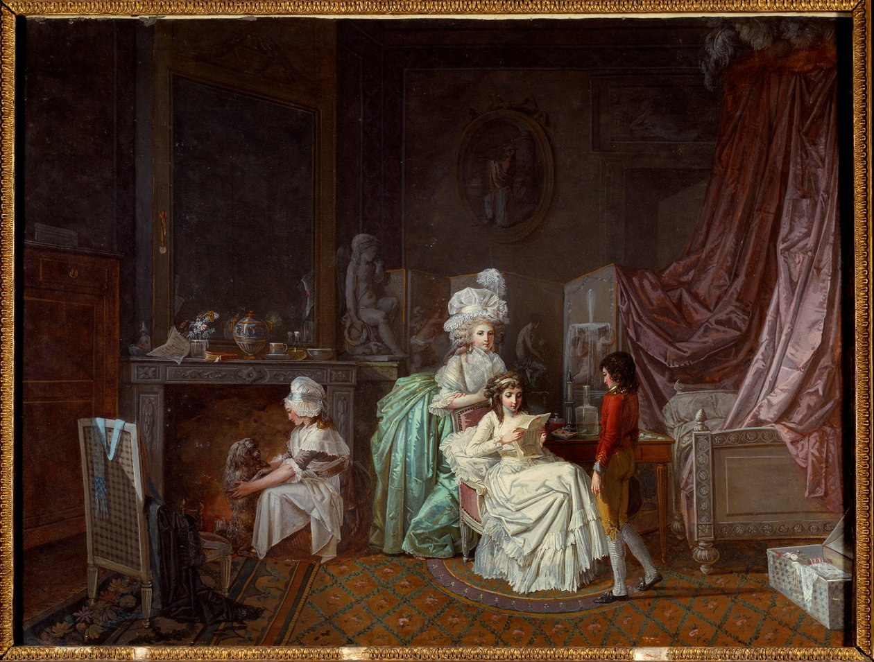 Familienfrisur im privaten Schlafzimmer, die Mutter wärmt ihre Tochter, die liest. Eine andere spielt mit dem Hund von Jean Baptiste Mallet
