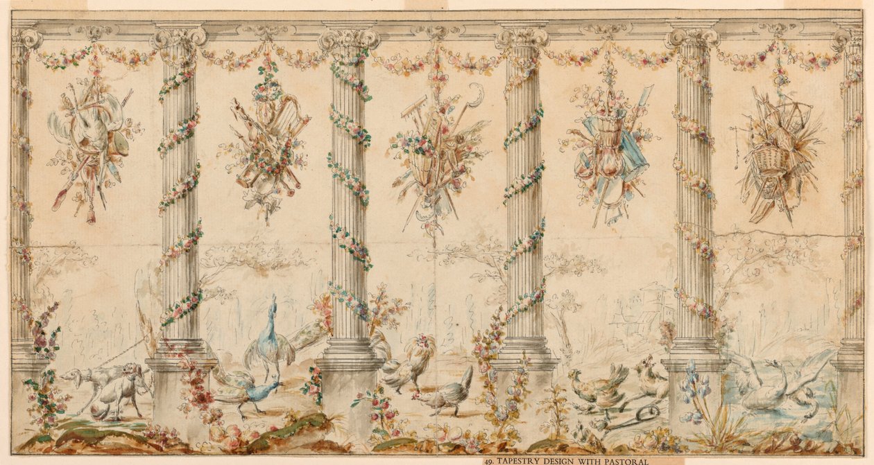 Zeichnung, Entwurf für einen Wandteppich gewidmet dem Landleben, 1780–95 von Jean Baptiste Marie Huet