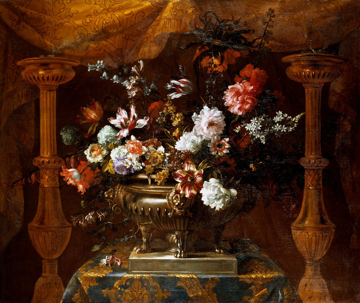 Stillleben mit Blumen in einer Silbervase mit Parfümbrennern, um 1690-99 von Jean Baptiste Monnoyer