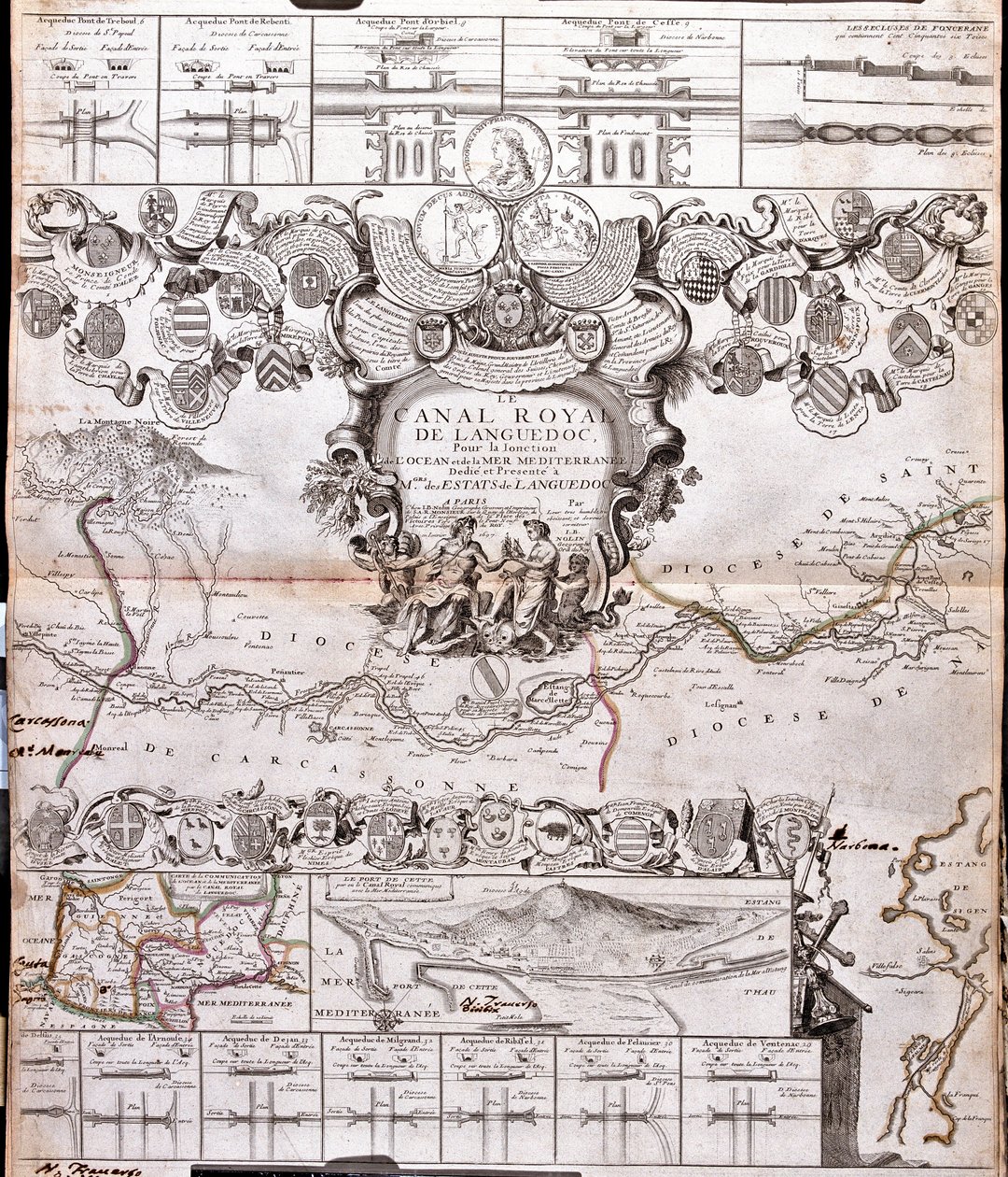 Karte des Canal du Midi mit seinen Aquädukten von Jean Baptiste Nolin