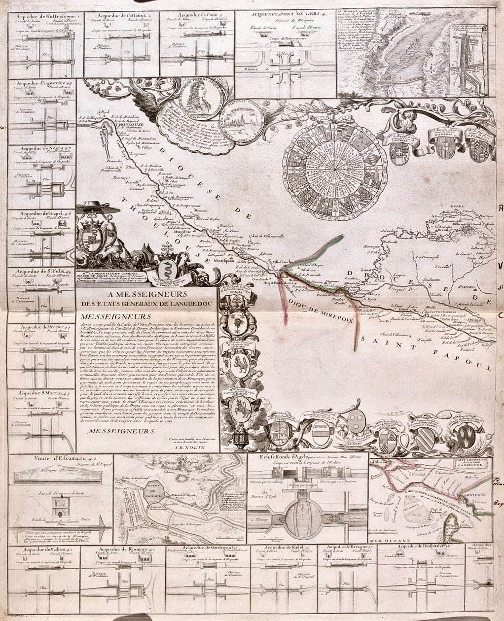 Karte des Canal du Midi, mit seinen Aquädukten von Jean Baptiste Nolin