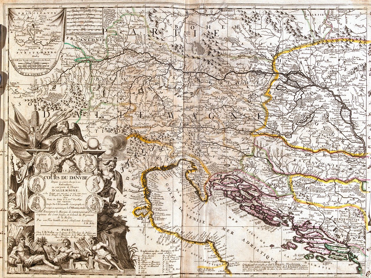 Karte des Verlaufs der Donau in Deutschland von Jean Baptiste Nolin