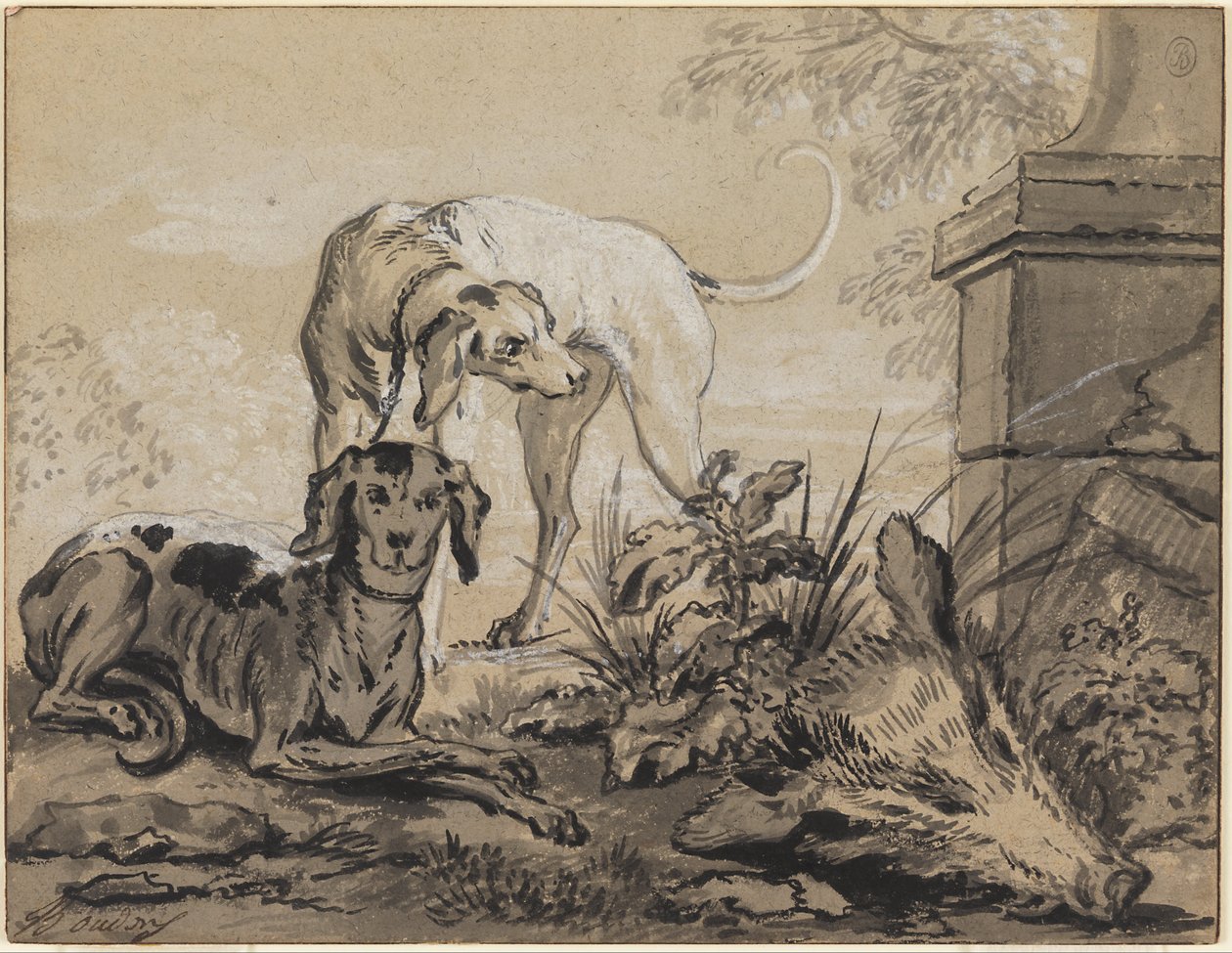 Nach der Jagd: Zwei Hunde neben einem Wildschweinkopf von Jean Baptiste Oudry