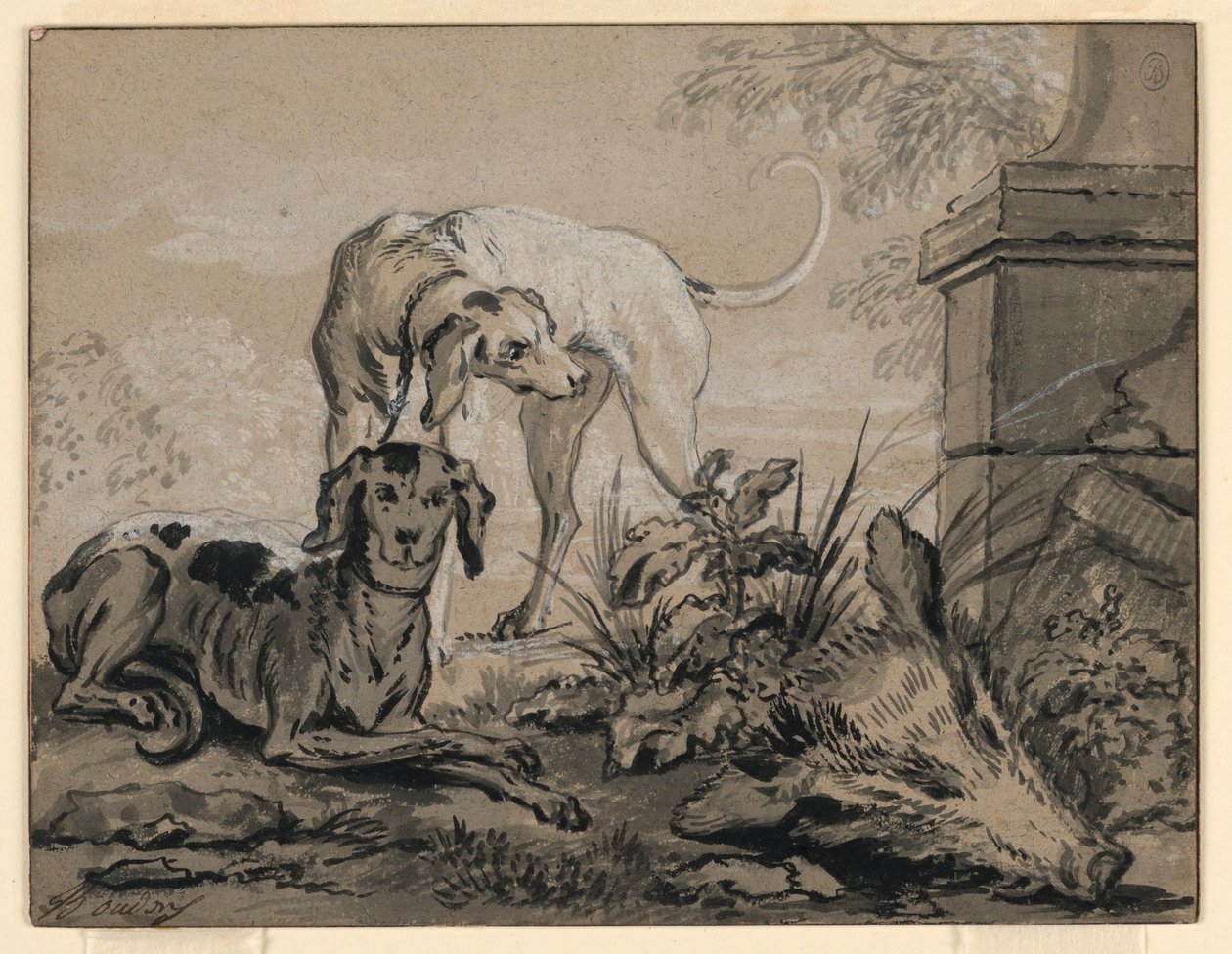 Nach der Jagd: Zwei Hunde neben einem Wildschweinkopf von Jean Baptiste Oudry