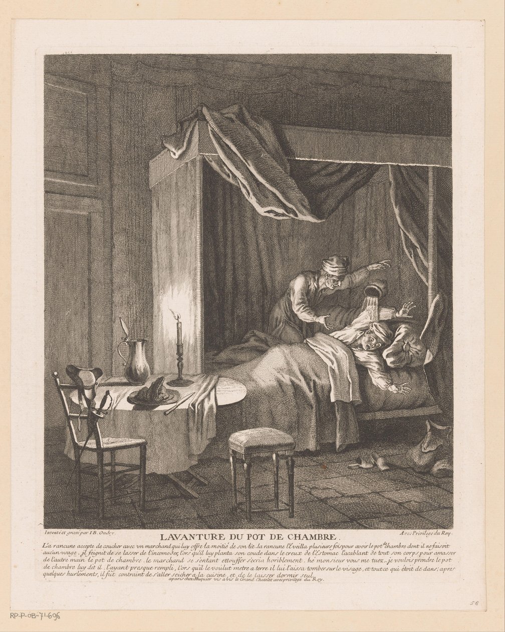 Mann erschrickt durch Nachttopf, der über ihn geleert wird Szenen aus dem Roman Comique von Scarron (Serientitel) von Jean Baptiste Oudry