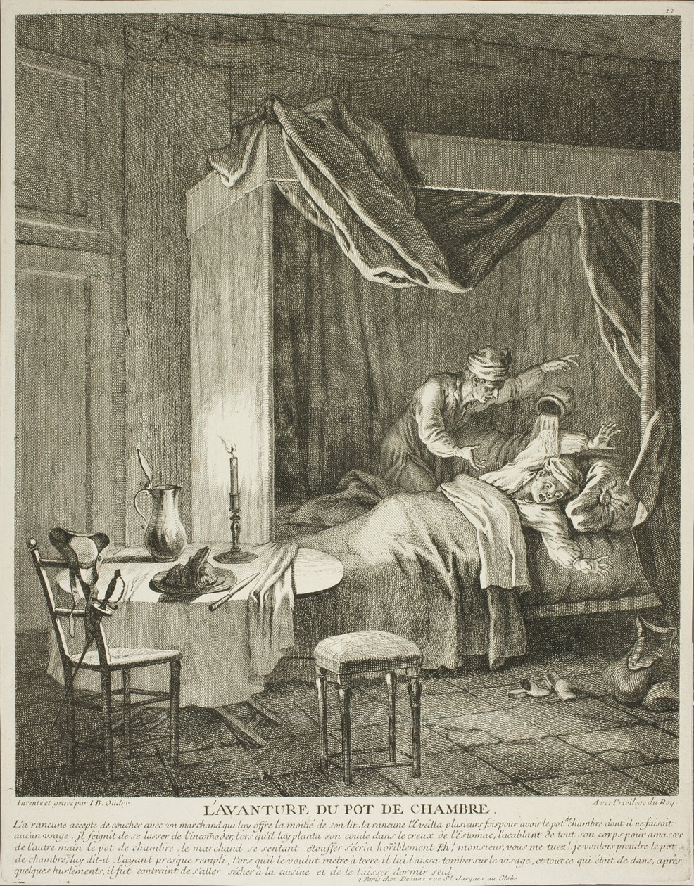 Das Abenteuer des Nachttopfs, Platte vier aus Scènes du Roman Comique von Jean Baptiste Oudry
