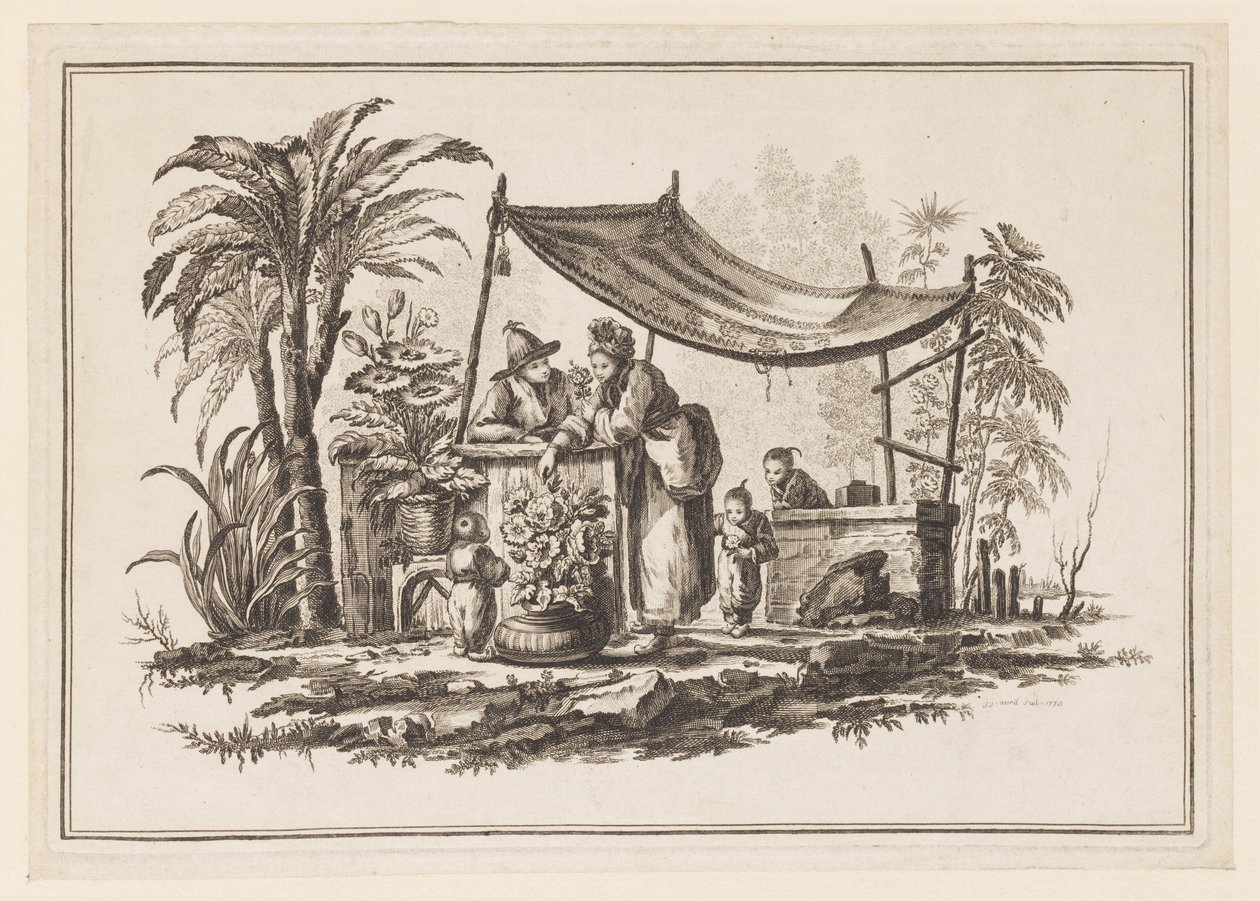 Figuren mit einer Vase mit Blumen, aus "Nouveau Cahier de Six Feuilles De Différents Sujets Chinois Historiés" von Jean Baptiste Pillement