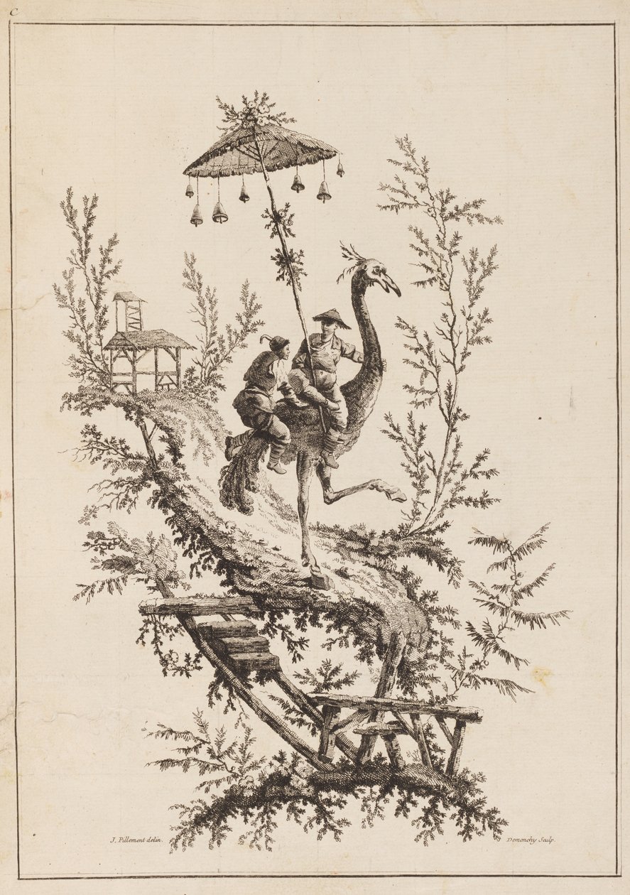 Straußenreiter, Platte aus einem Satz von Chinoiserie-Darstellungen von Jean Baptiste Pillement