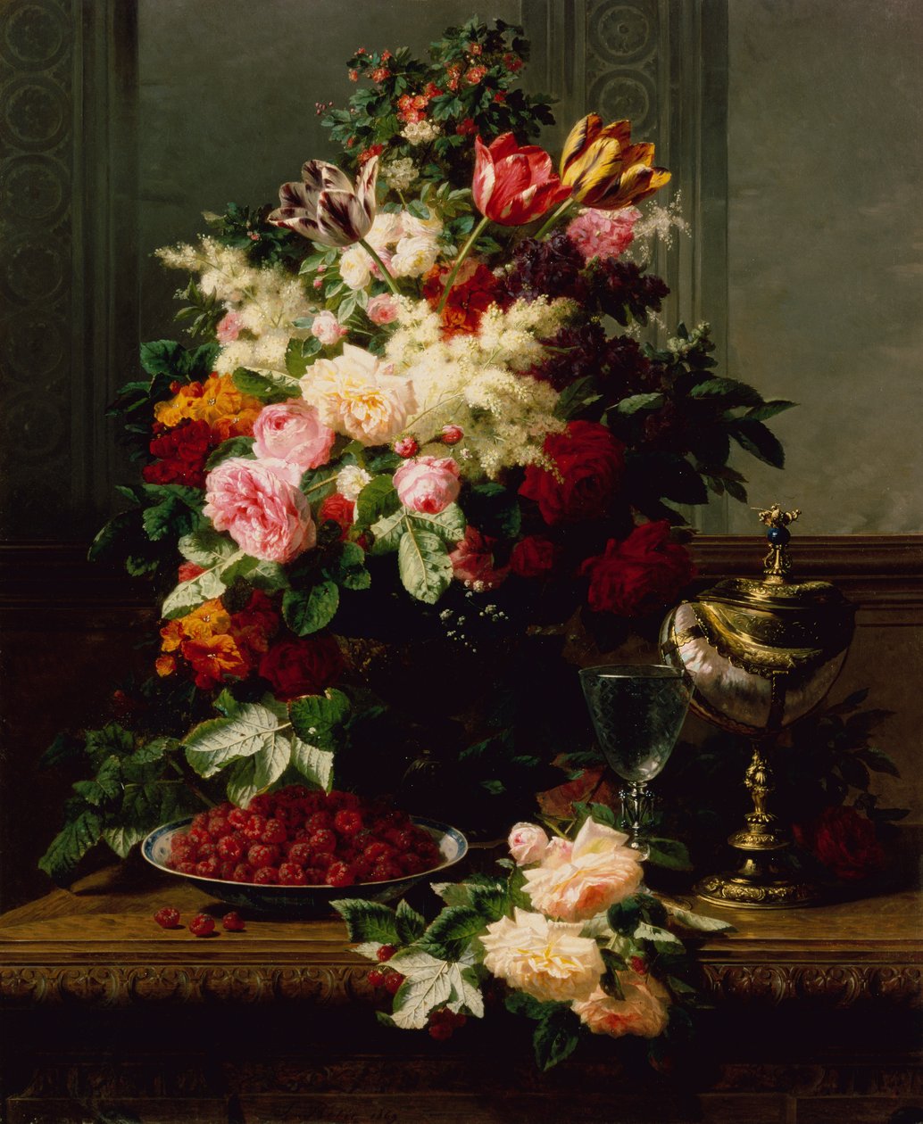 Ein Stillleben mit Rosen, Tulpen und anderen Blumen auf einer deutschen Kompott-Schale von Jean Baptiste Robie