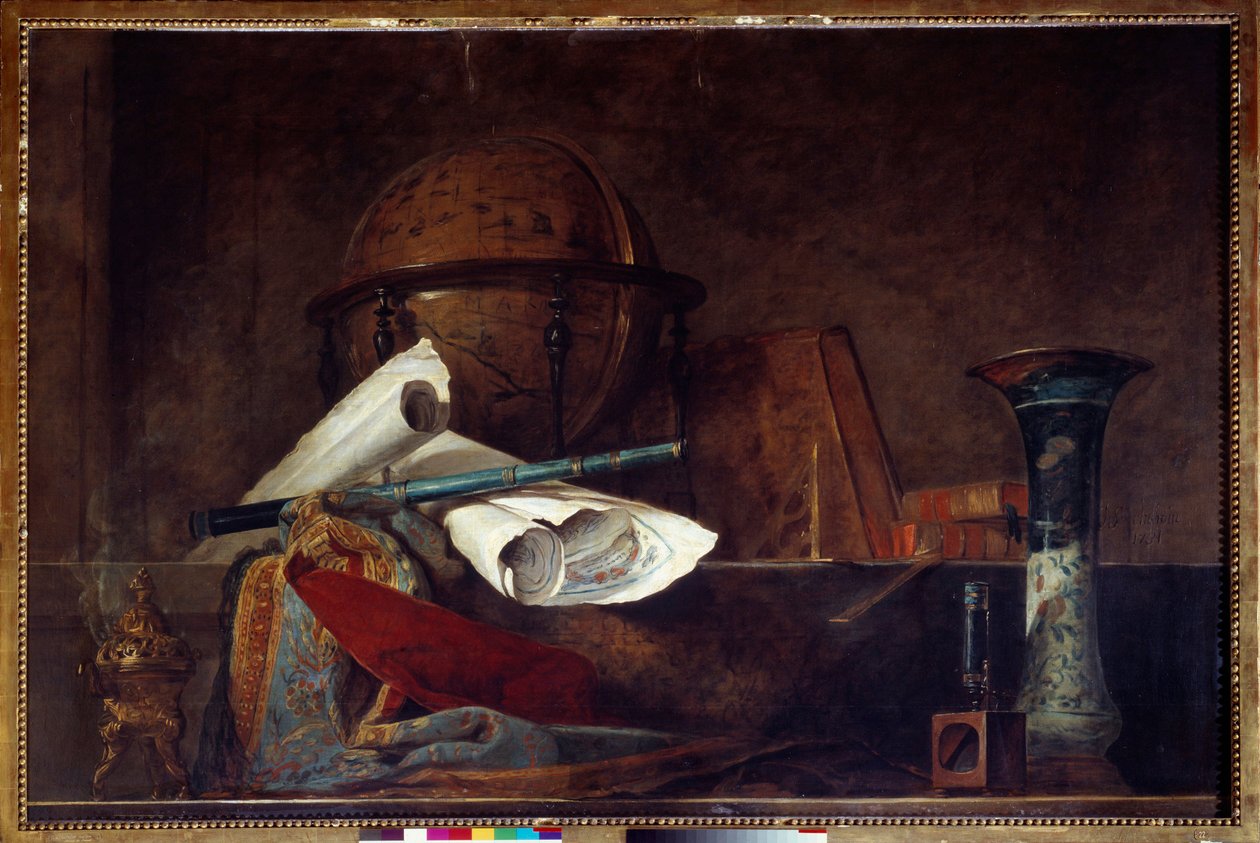 Allegorie der Wissenschaft. Stillleben, Globus, geografische Karten, Bücher und Vase. Gemälde von Jean Baptiste Simeon Chardin (1699-1779) 18. Jahrhundert Paris, Musée Jacquemart André von Jean Baptiste Simeon Chardin