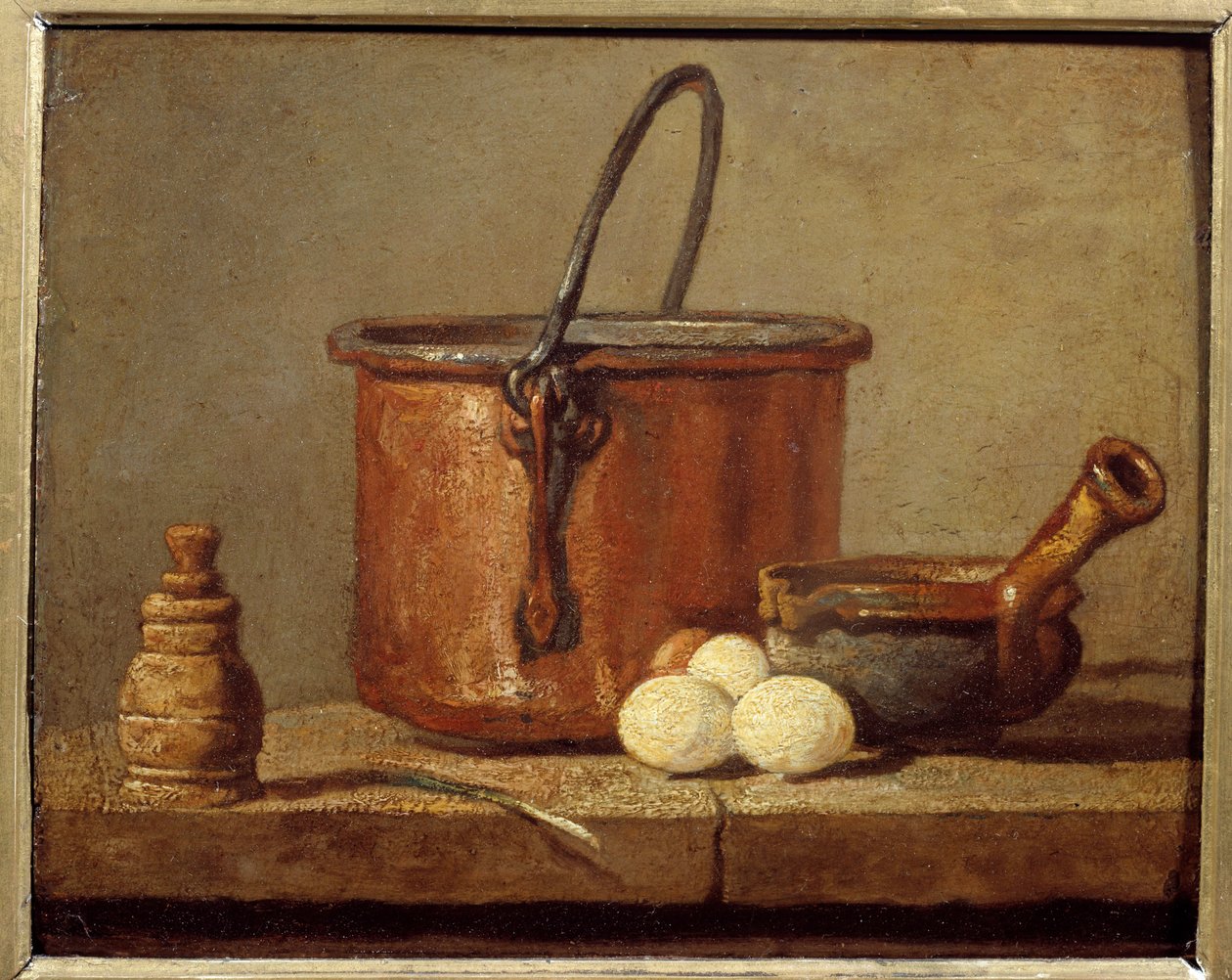 Küchenutensilien, Kessel, Pfanne und Eier, Gemälde von Jean Baptiste Simeon Chardin (1699-1779) 18. Jahrhundert von Jean Baptiste Simeon Chardin