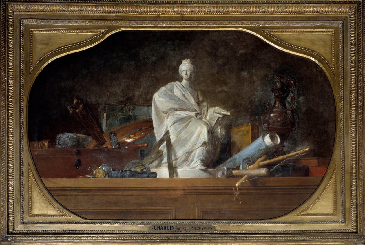 Die Attribute der Künste Allegorie der Künste mit Bildhauerwerkzeugen, Statuette von Jean Baptiste Simeon Chardin