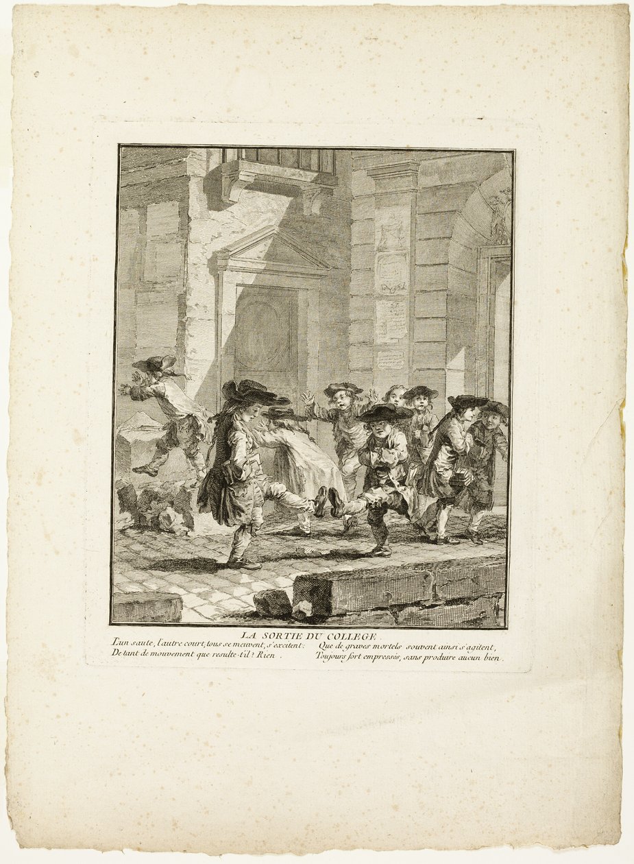 Entlassung aus dem College, aus Die Spiele der Straßenjungen von Paris von Jean Baptiste Tilliard I