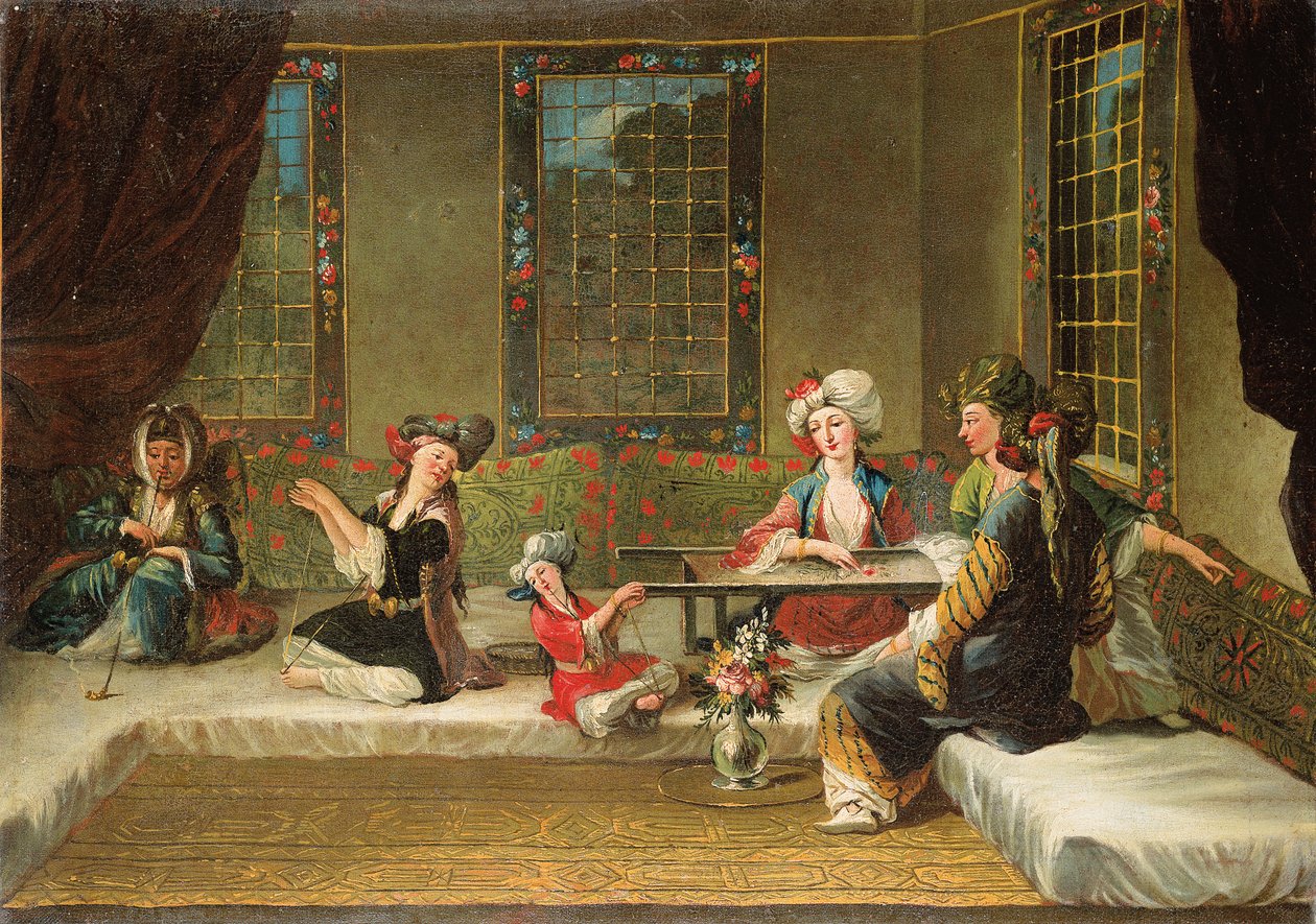 Armenische Frauen, die in einem Innenraum sticken von Jean Baptiste Vanmour