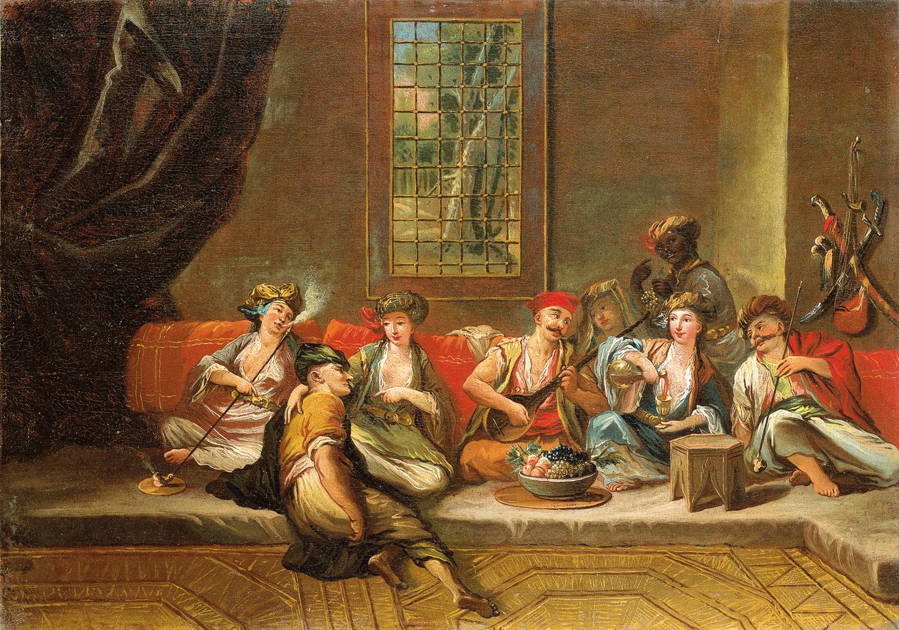 Griechische Seeleute, die in einem Innenraum feiern von Jean Baptiste Vanmour
