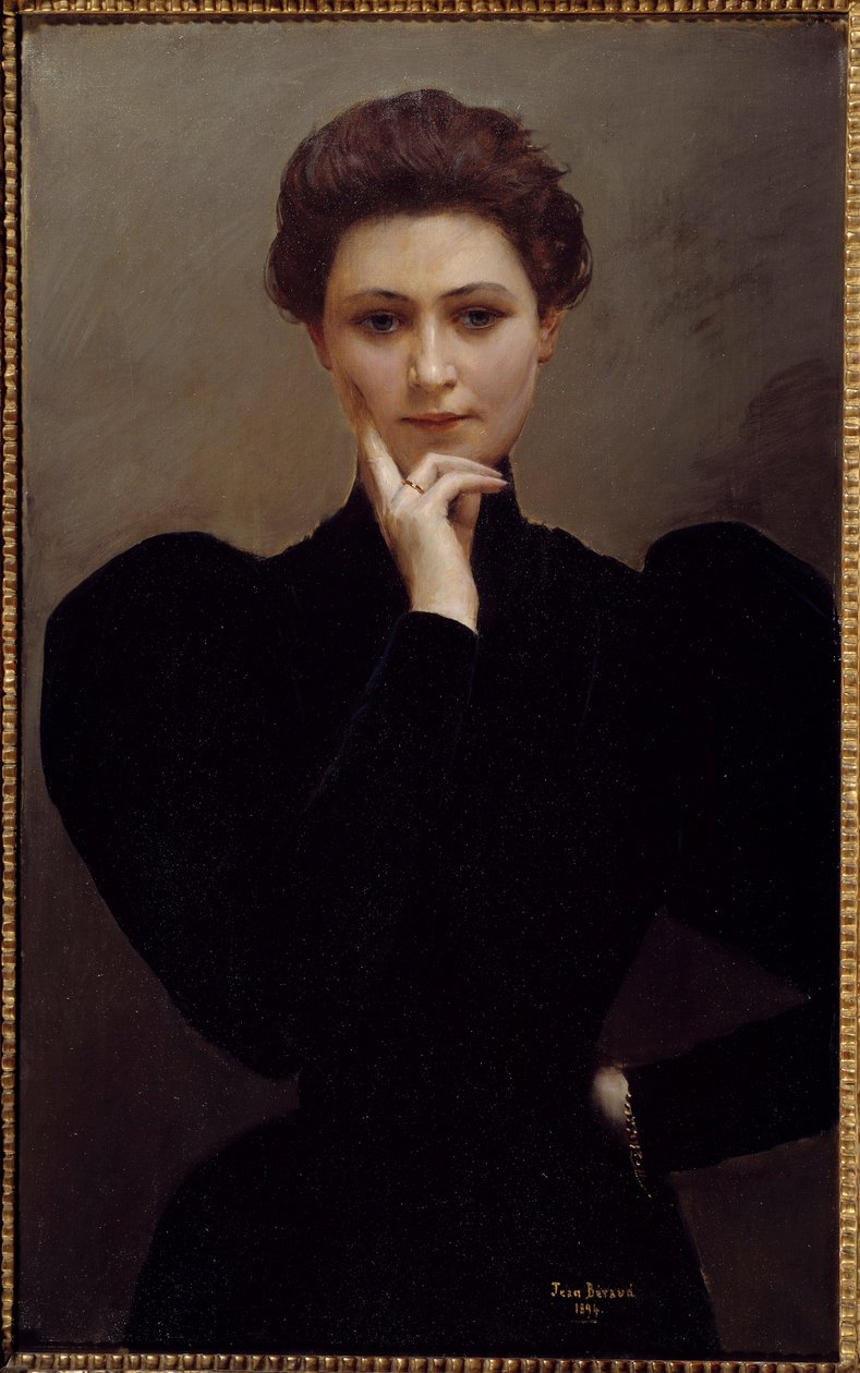 Meditation. Eine nachdenkliche junge Frau in Belle-Époque-Mode. Gemälde von Jean Béraud von Jean Beraud