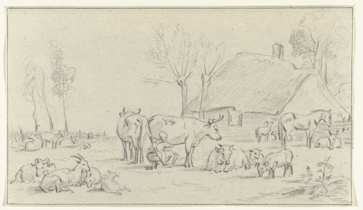 Bauernhof mit Vieh und melkender Frau von Jean Bernard