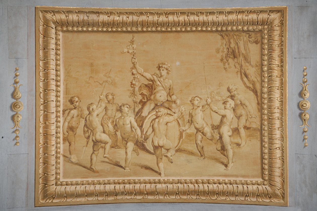 Falsches vergoldetes Relief, mit Bacchus auf einem Fass, umgeben von tanzenden Putten von Jean Boulanger