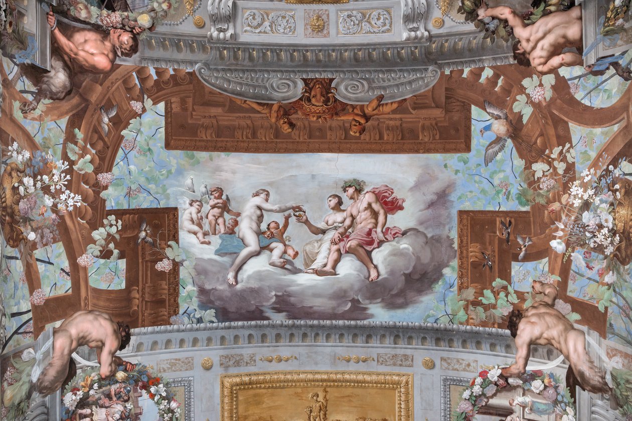 Venus gibt Ariadne die Krone; auf den Wolken bietet Venus, umgeben von Cupidos, die Krone des Vulkanus der neben Bacchus sitzenden Ariadne an von Jean Boulanger