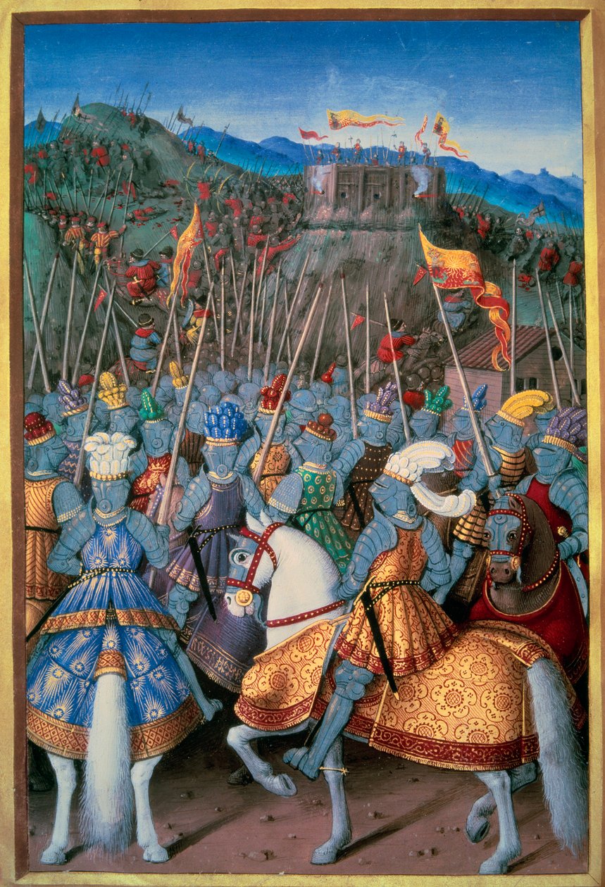 Italienische Kriege: König Ludwig XII. (1462-1515) griff 1507 Genua mit seinen Truppen an. Miniatur aus „Le voyage de Genes“ von Jean Marot (1450-1526), illuminiert von Jean Bourdichon (1457-1521) 1510 Paris, B.N. von Jean Bourdichon