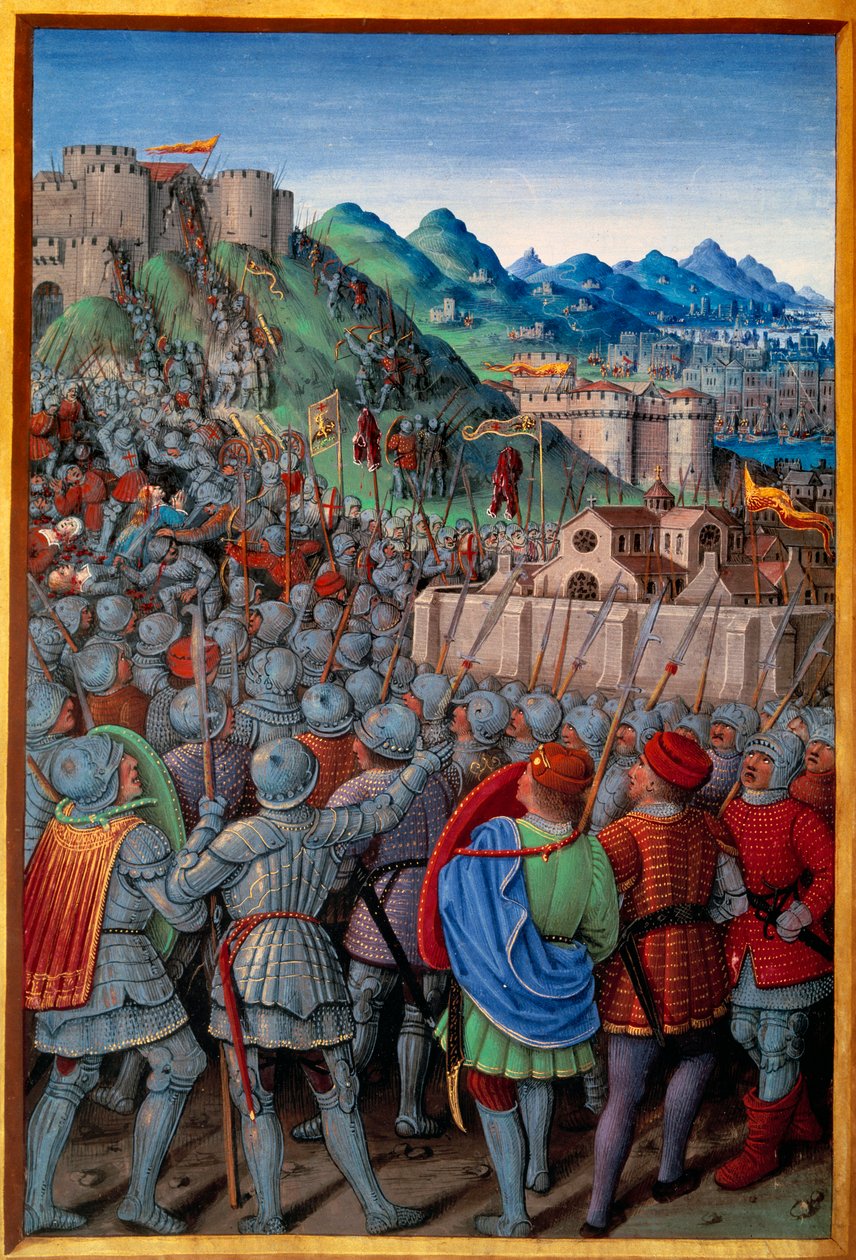 Die Genuesen griffen das Castellacio de Genes an, bewacht von den Franzosen (12. März 1507). Miniatur von Jean Bourdichon in 