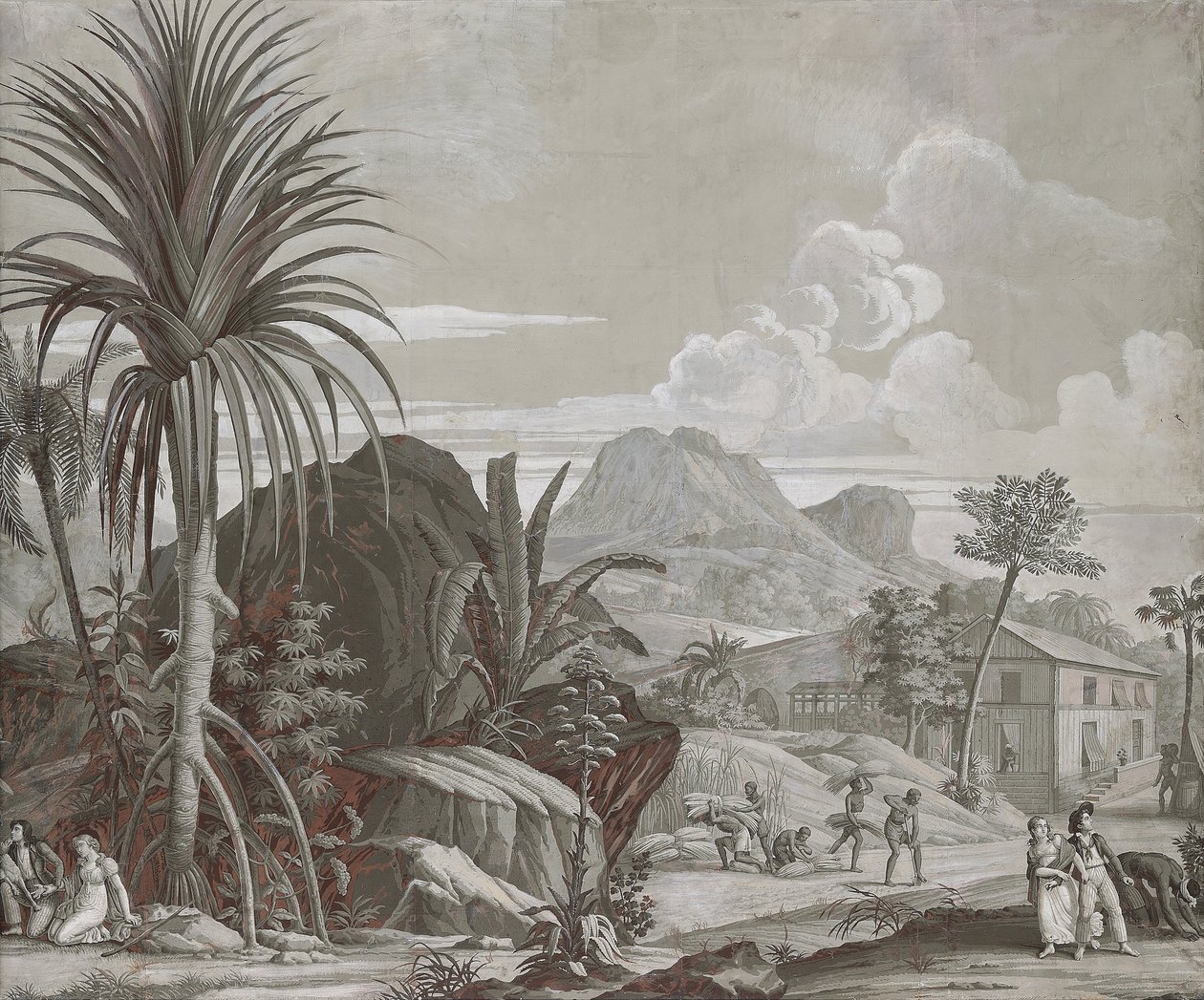 Aufbruch zu einem Spaziergang, Tapetenpaneel aus der Serie "Paul et Virginie", von Dufour & Cie, um 1823 von Jean Broc
