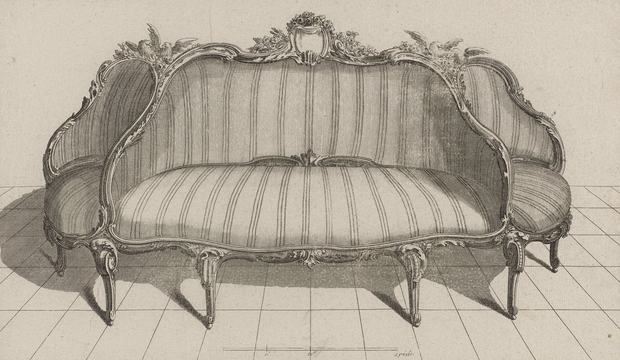 Canapé à Jouë im malerischen Stil, veröffentlicht Mitte der 1770er Jahre (Gravur auf Büttenpapier) von Jean Charles (after) Delafosse