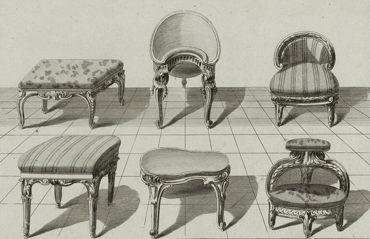 Tabourets, Bidets de Toilette, Marchepied, veröffentlicht Mitte der 1770er Jahre (Kupferstich auf Büttenpapier) von Jean Charles (after) Delafosse