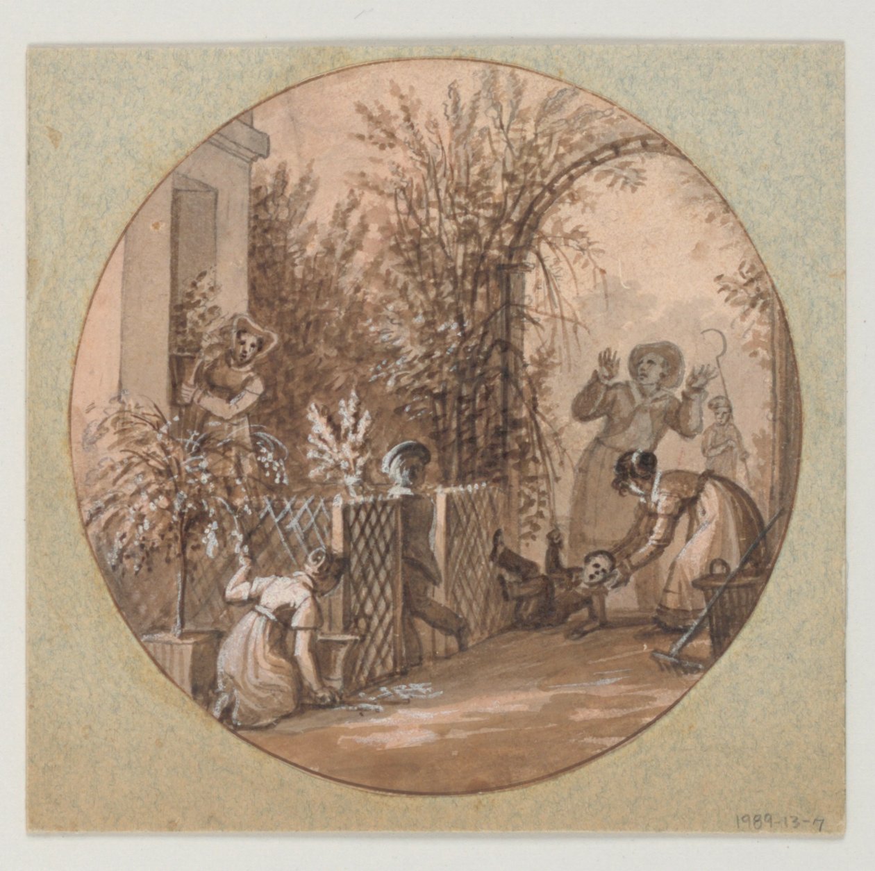 Entwurf für einen bemalten Porzellanteller, Gartenszene aus dem Service de la Culture des Fleurs (Blumenkulturdienst) von Jean Charles Develly