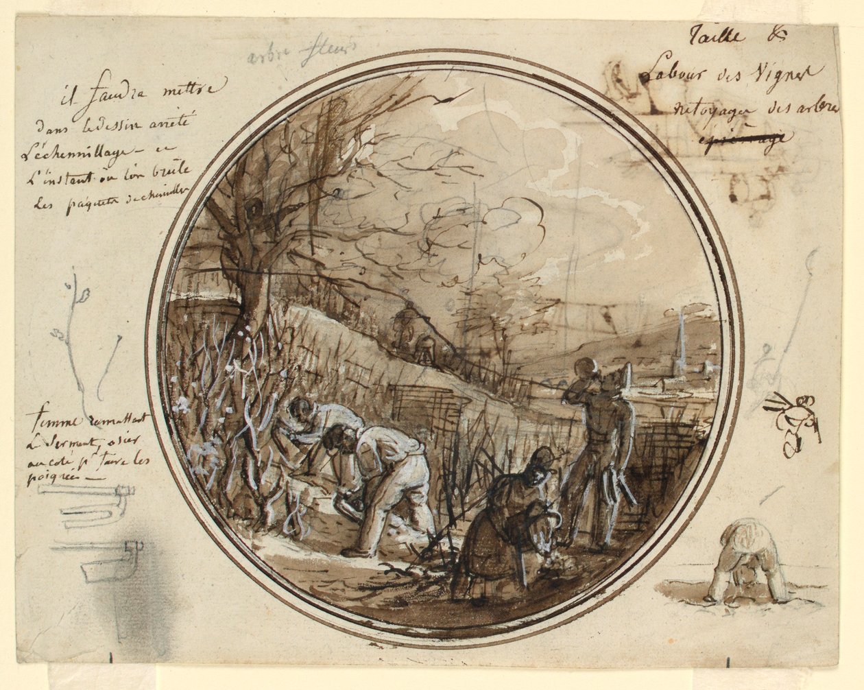 Entwurf für einen bemalten Porzellanteller, Schneiden und Arbeiten im Weinberg, 1819–20 von Jean Charles Develly