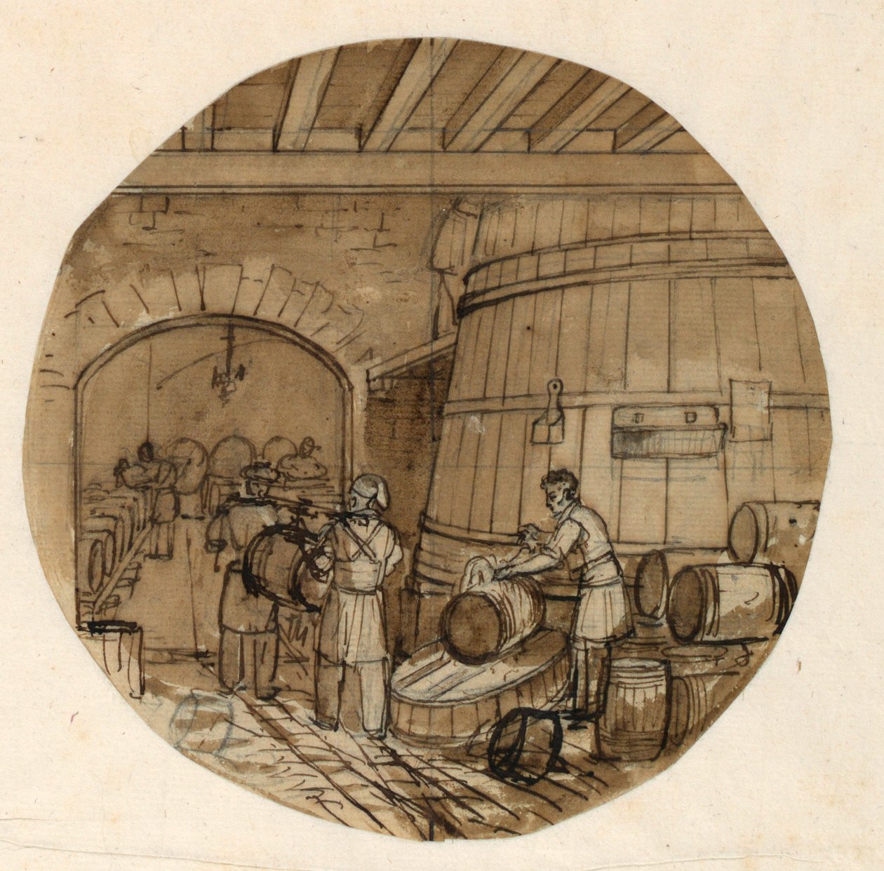 Entwurf für einen bemalten Porzellanteller, Innenansicht einer Weindestillerie, 1831–44 von Jean Charles Develly