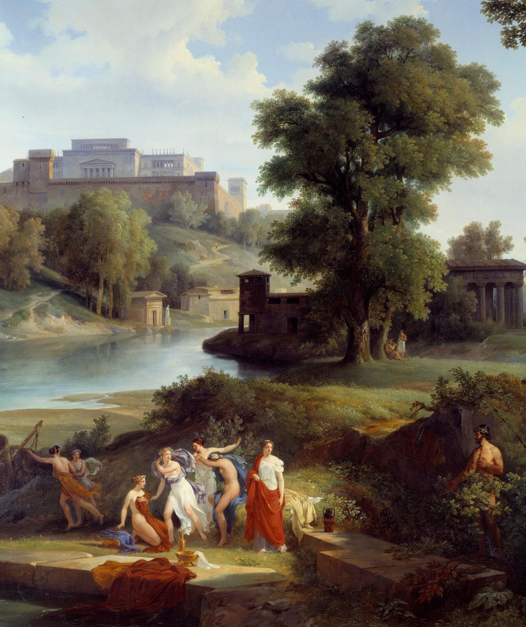 Odyssee von Homer: „Odysseus sieht Nausikaa, die Tochter des Königs Alkinoos, mit ihren Gefährtinnen Ball spielen“ (Detail). Gemälde von Jean Charles Remond (1795-1875) 1830 Nantes, Musée des Beaux-Arts von Jean Charles Joseph Rémond