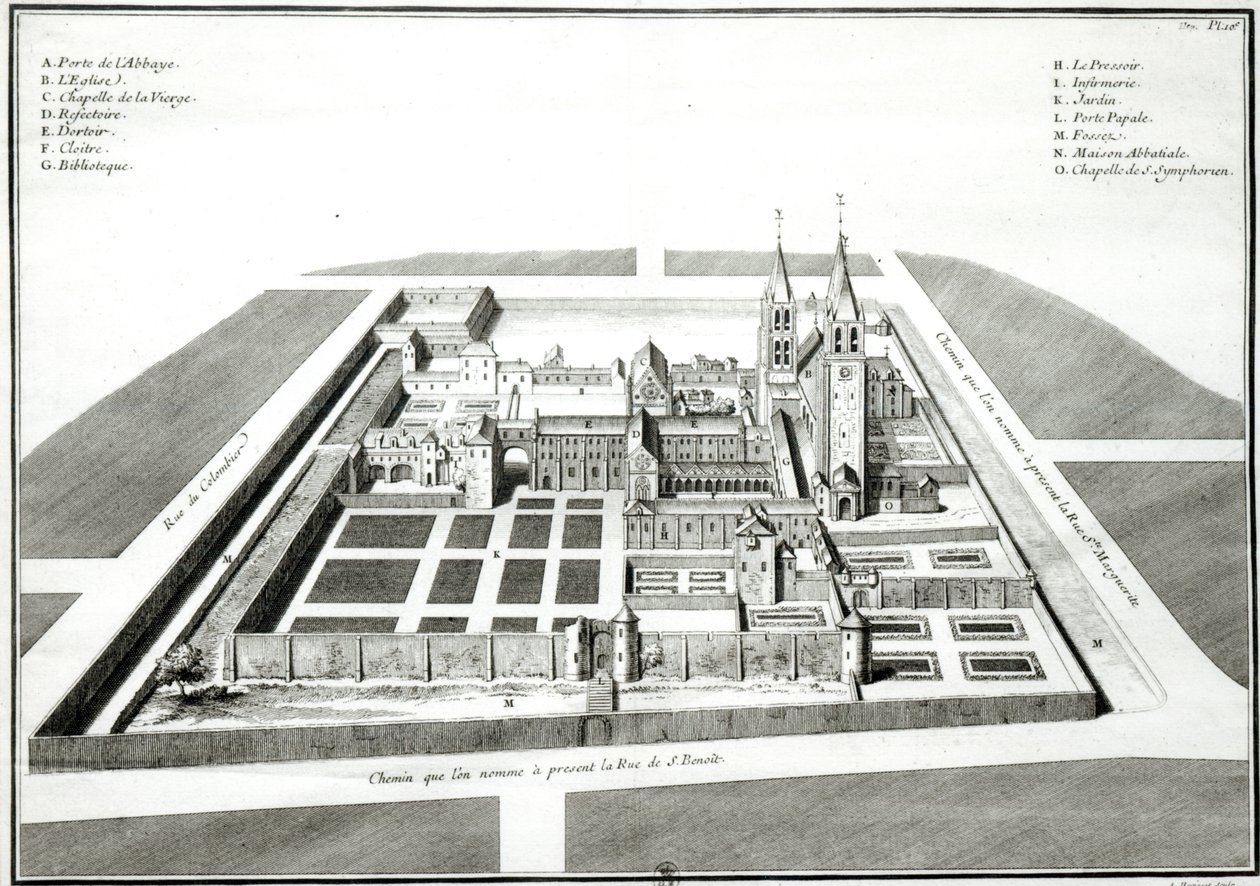 Ansicht der Abtei Saint-Germain-des-Pres vor 1640, graviert von Antoine Herisset (1685-1769) von Jean Chaufourier