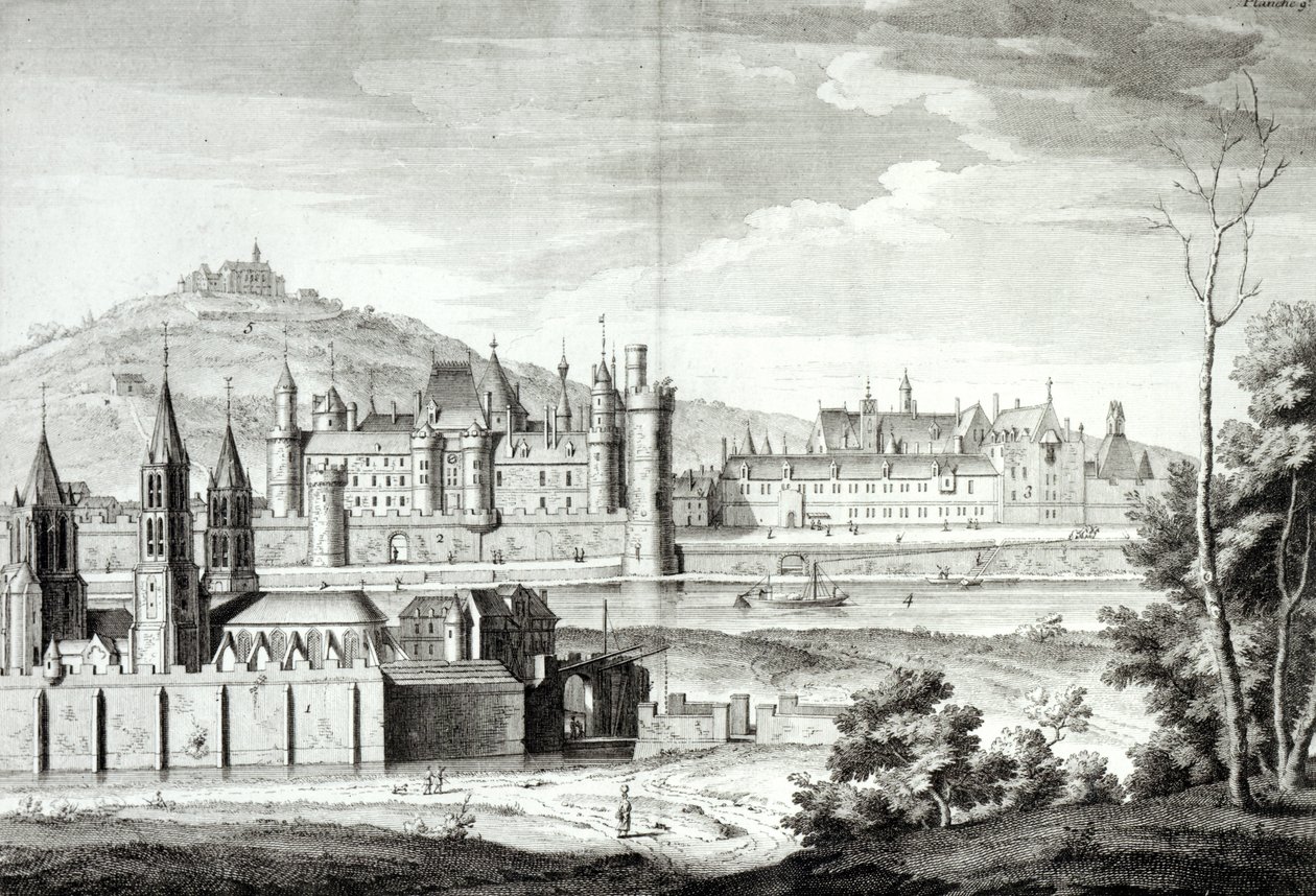 Ansicht der Abtei Saint-Germain-des-Prés, des Louvre, Petit Bourbon, Montmartre und der Seine im Jahr 1410, graviert von Antoine Herisset (1685-1769) von Jean Chaufourier