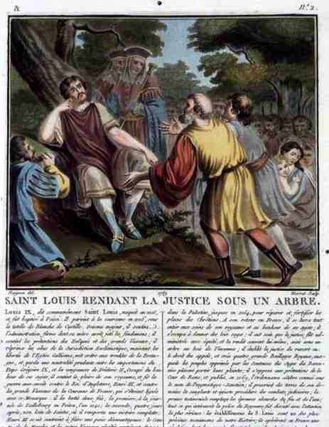 Heiliger Ludwig (1215-70) spricht unter einem Baum Recht, graviert von Jean Baptiste Morret 1789 (kolorierter Stich) von Jean Claude (after) Naigeon