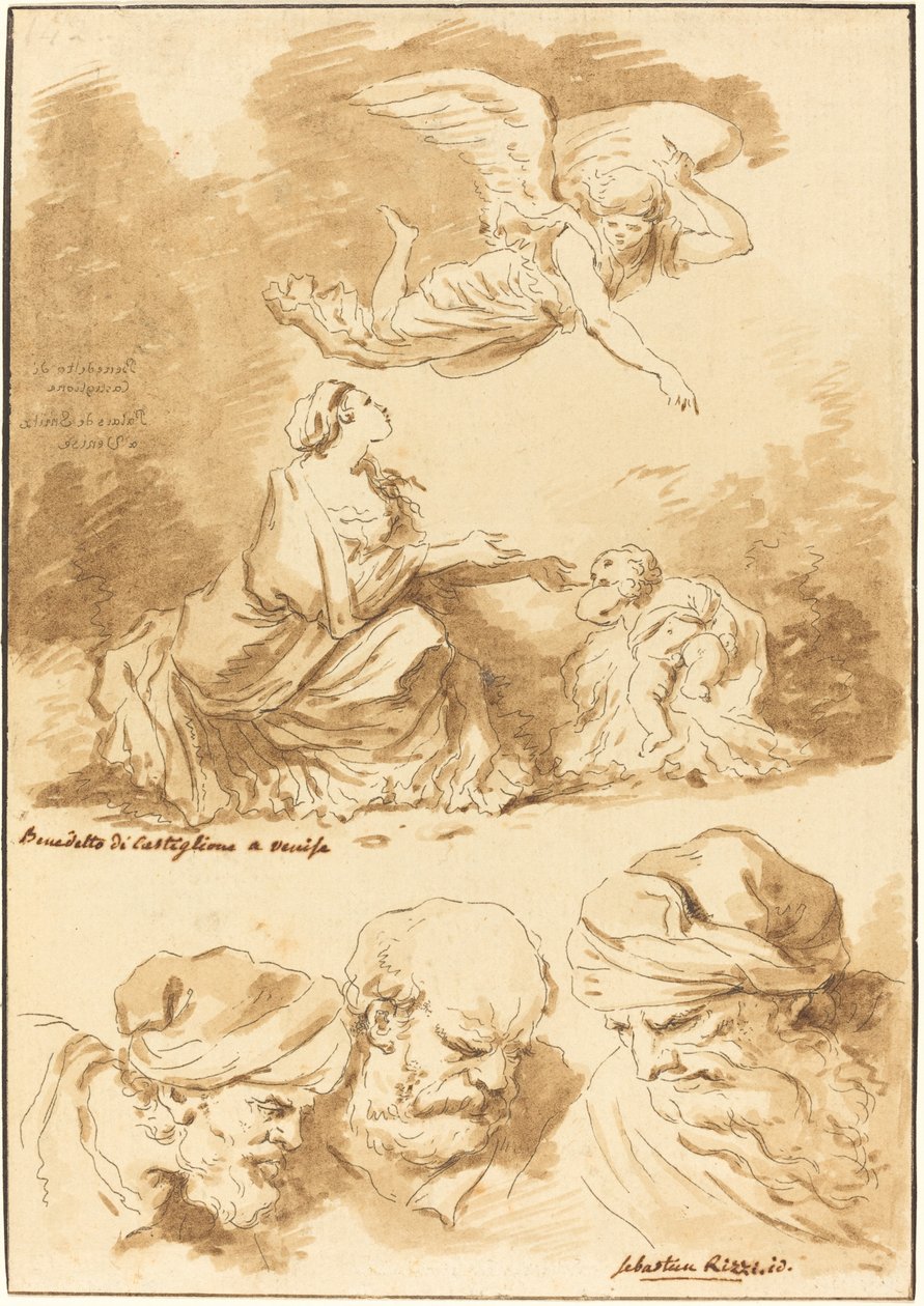 Hagar wird von einem Engel getröstet (nach einem Gemälde von Castiglione) und Drei Köpfe alter Männer (nach einem Gemälde von Ricci von Jesus und der Ehebrecherin) von Jean Claude Richard de Saint Non after Jean Honoré Fragonard