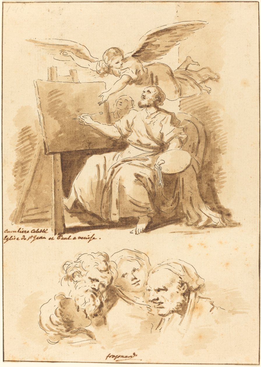 Heiliger Lukas an seiner Staffelei und vier ausdrucksstarke Köpfe von Jean Claude Richard de Saint Non after Jean Honoré Fragonard after Andrea Celesti