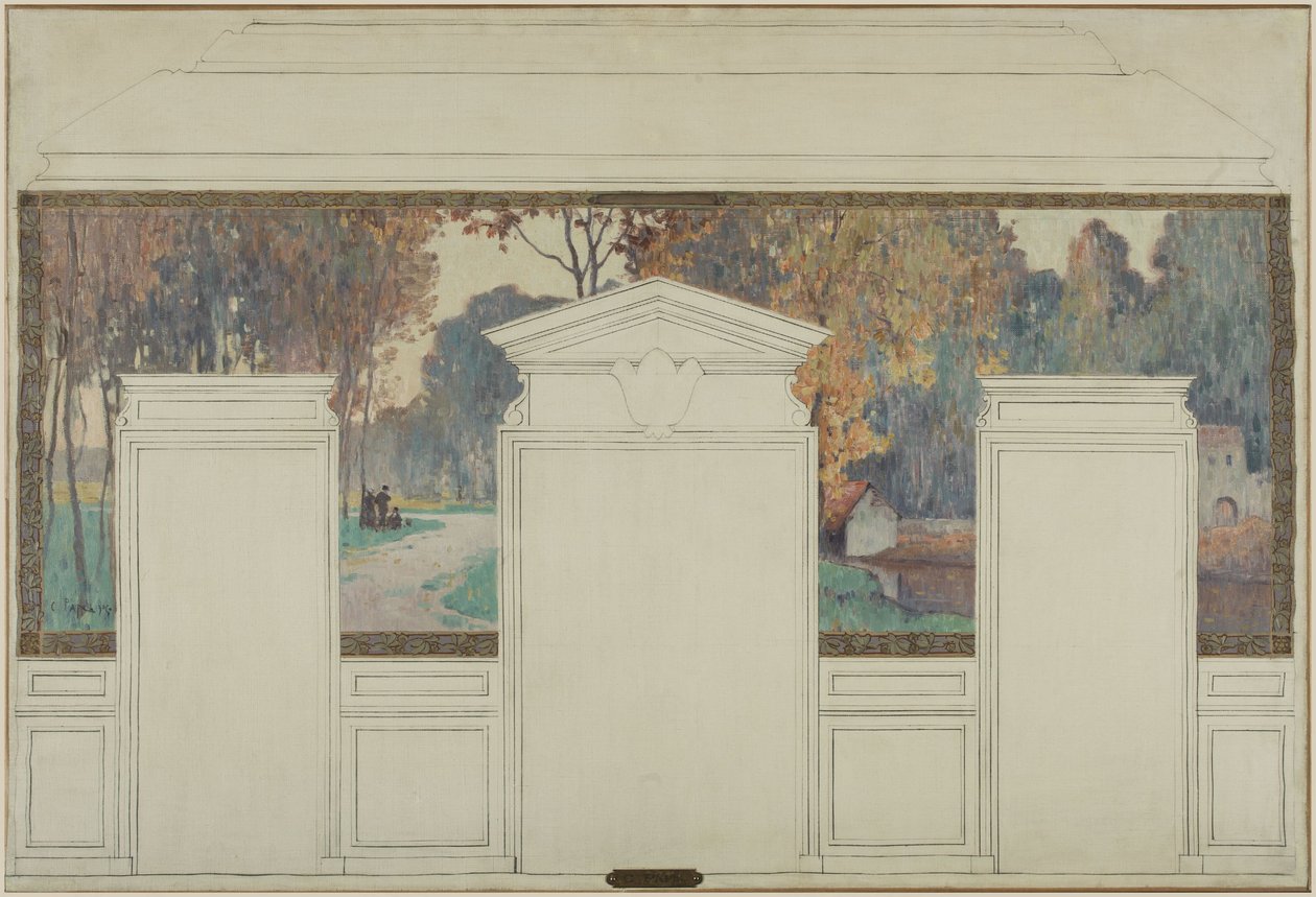 Skizze für das Rathaus von Fresnes: Landschaft mit Spaziergängern im Herbst von Jean Constant Pape