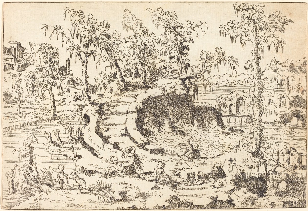Putti spielen in einer fantasievollen Landschaft von Jean Cousin the Younger