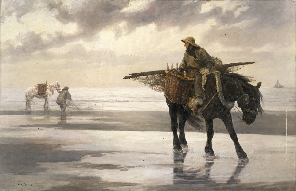 Krabbenfischer in Nieuwpoort, ca. 1883 von Jean Delvin