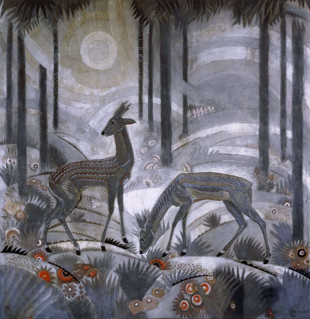 Zwei Hirsche im Wald, ca. 1929 von Jean Dunand