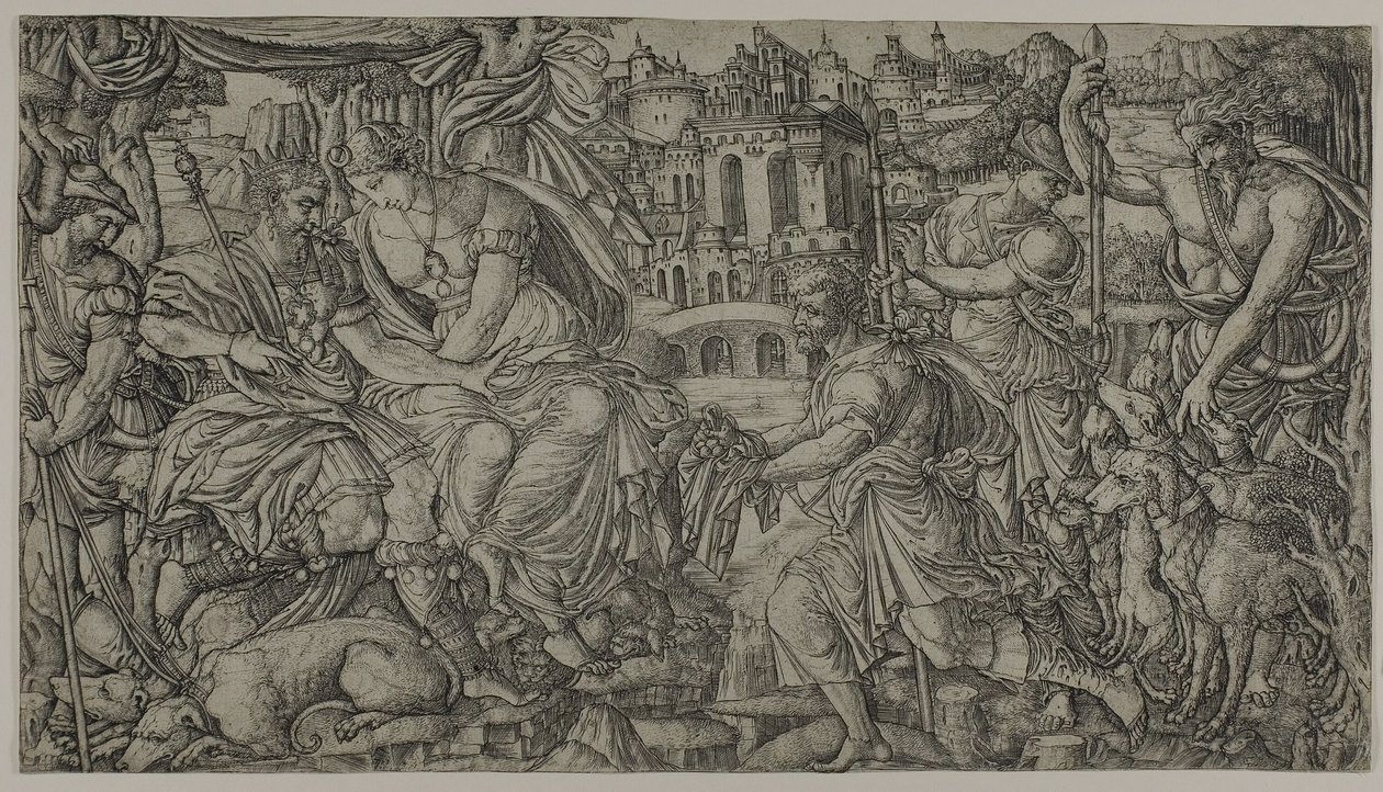 Ein König und Diana empfangen Jäger von Jean Duvet