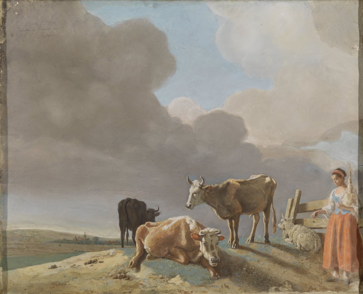 Landschaft mit Kühen, Schafen und Hirtin, geänderte Kopie nach einem Gemälde von Paulus Potter, die Hirtin kopiert von einem Gemälde von Karel Dujardin (recto); unvollendetes Porträt eines Mannes (verso) von Jean Étienne Liotard