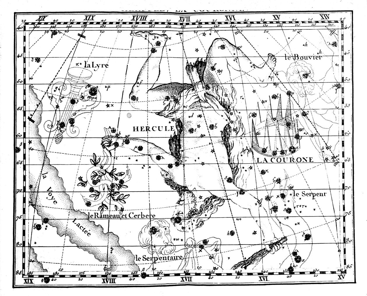 Astronomische Karte, zentriert auf das Sternbild Herkules, 1775 von Jean Fortin