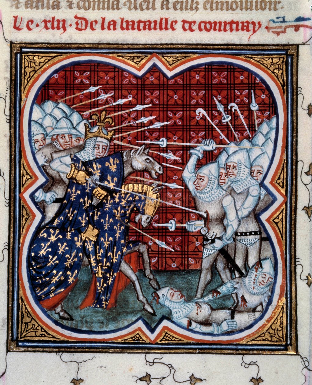 Schlacht von Kortrijk zwischen Philipp IV. dem Schönen (1268-1314) und den Flamen, sogenannte Schlacht der Goldenen Sporen 11.07.1302. Miniatur aus 