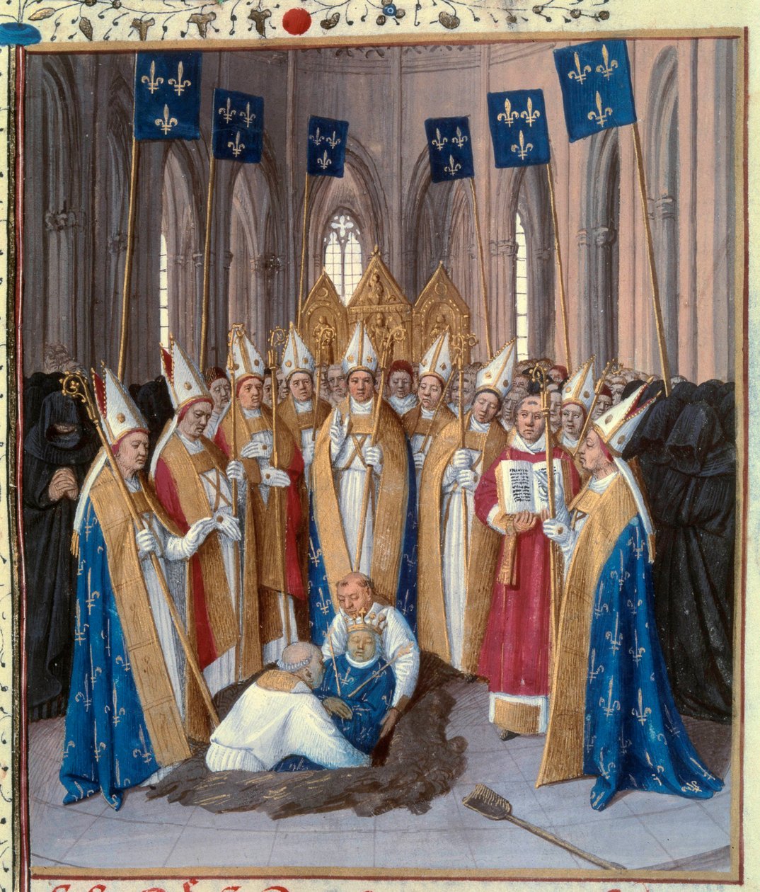 Begräbnis von König Philipp IV. dem Schönen in der Basilika Saint Denis. Miniatur aus The Chronicles of Saint Denis von Jean Fouquet. 15. Jahrhundert. Paris, B.N. von Jean Fouquet