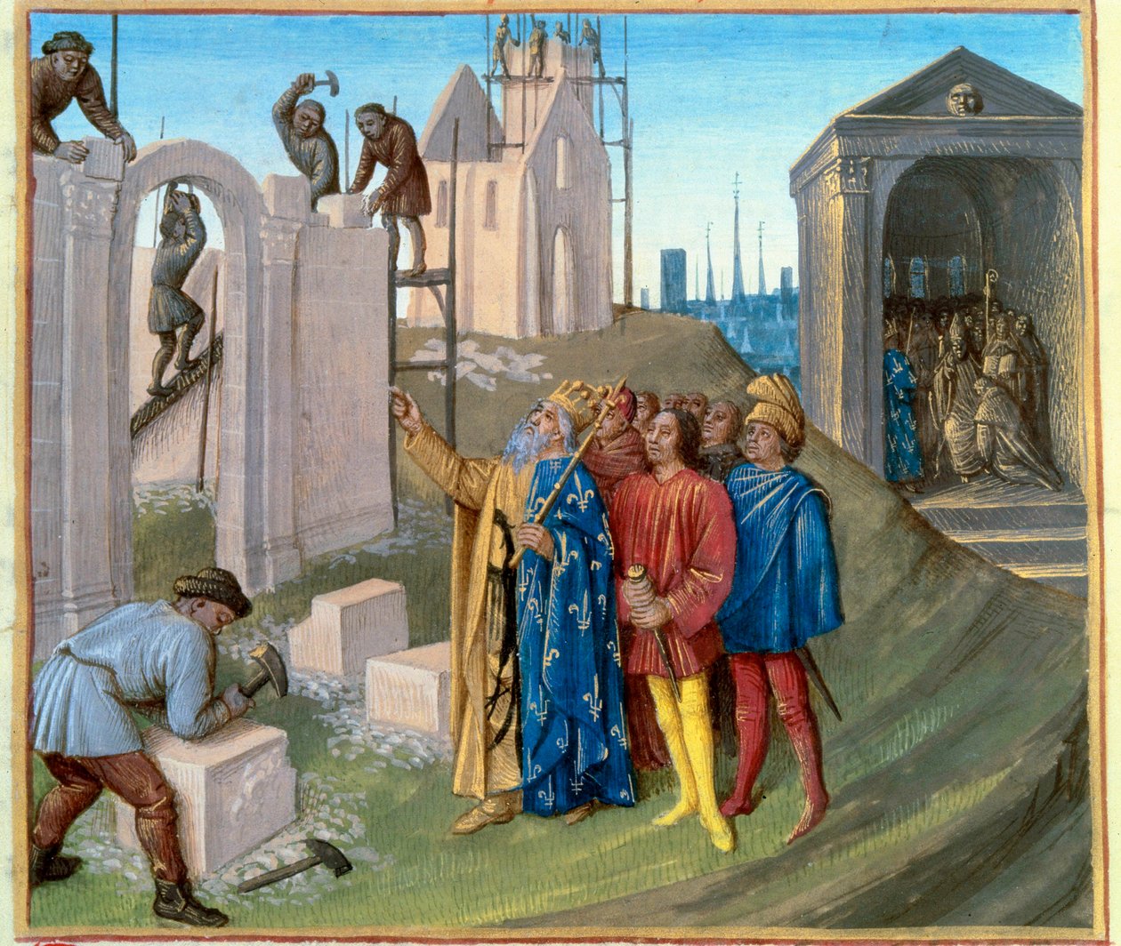Bau des Palastes von Aachen (796-805) durch Karl den Großen (742-814), der die Baustelle überwacht. Rechts wird Pippin der Bucklige (770-811) Mönch. Miniatur aus „Les Grandes Chroniques de France“ illuminiert von Jean Fouquet (1420-1481) von Jean Fouquet