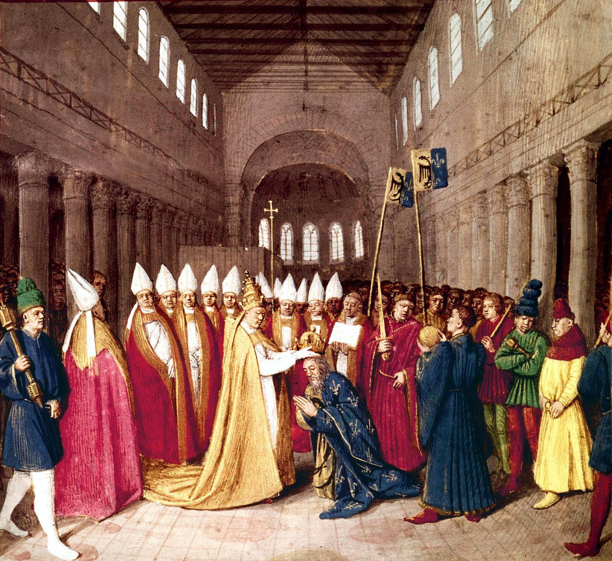 Krönung von Kaiser Karl dem Großen am 25. Dezember 800 in Rom durch Papst Leo III., Illumination aus Les Grandes Chroniques de France von Jean Fouquet, ca. 1455-1460 von Jean Fouquet