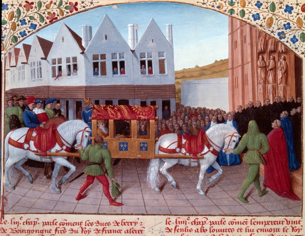 Einzug von Karl IV., deutscher Kaiser, 1378 in Saint-Denis. Miniatur aus „Große Chroniken von Frankreich“ (Folio 442). Illuminiert von Jean Fouquet von Jean Fouquet